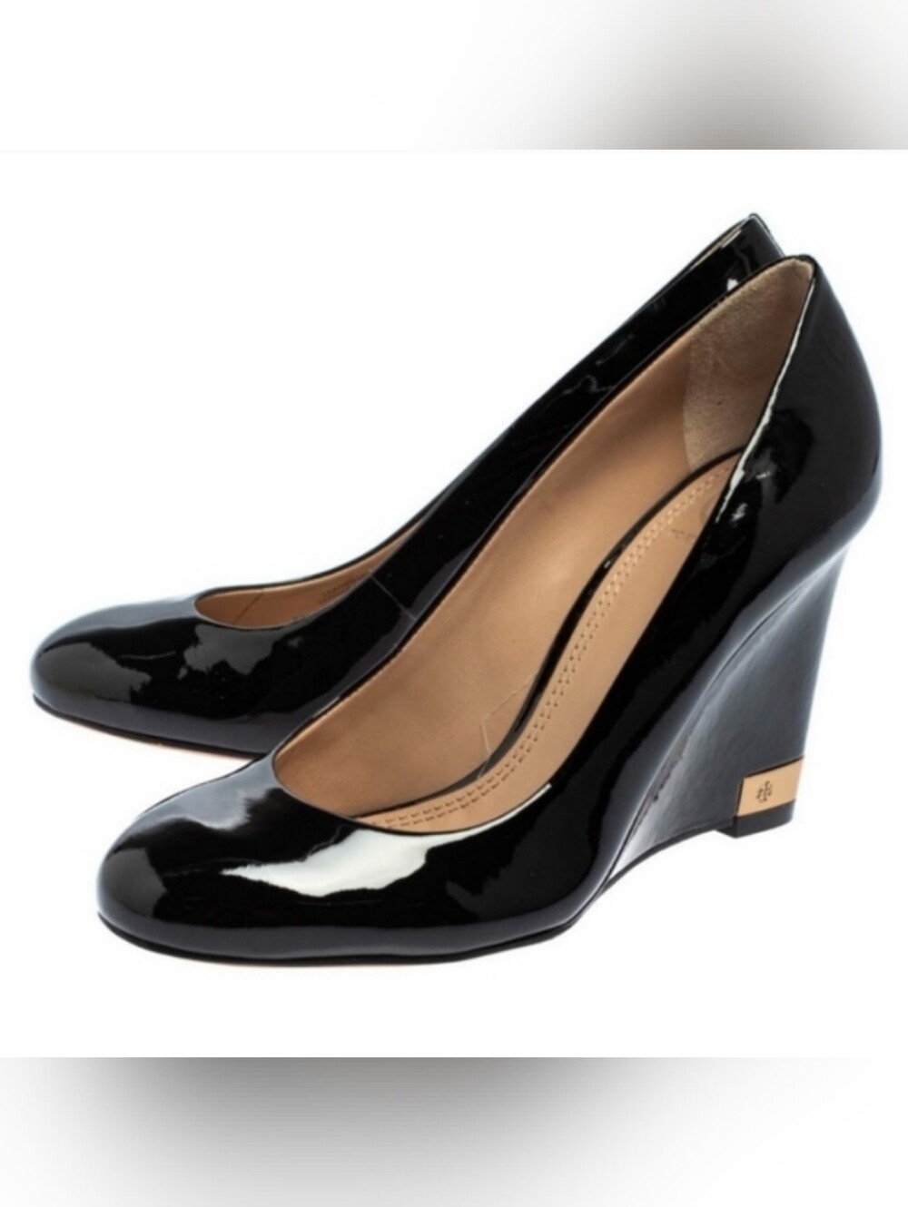 Tory Burch Astoria Black Patent Leather Wedge Heels Size 7.5